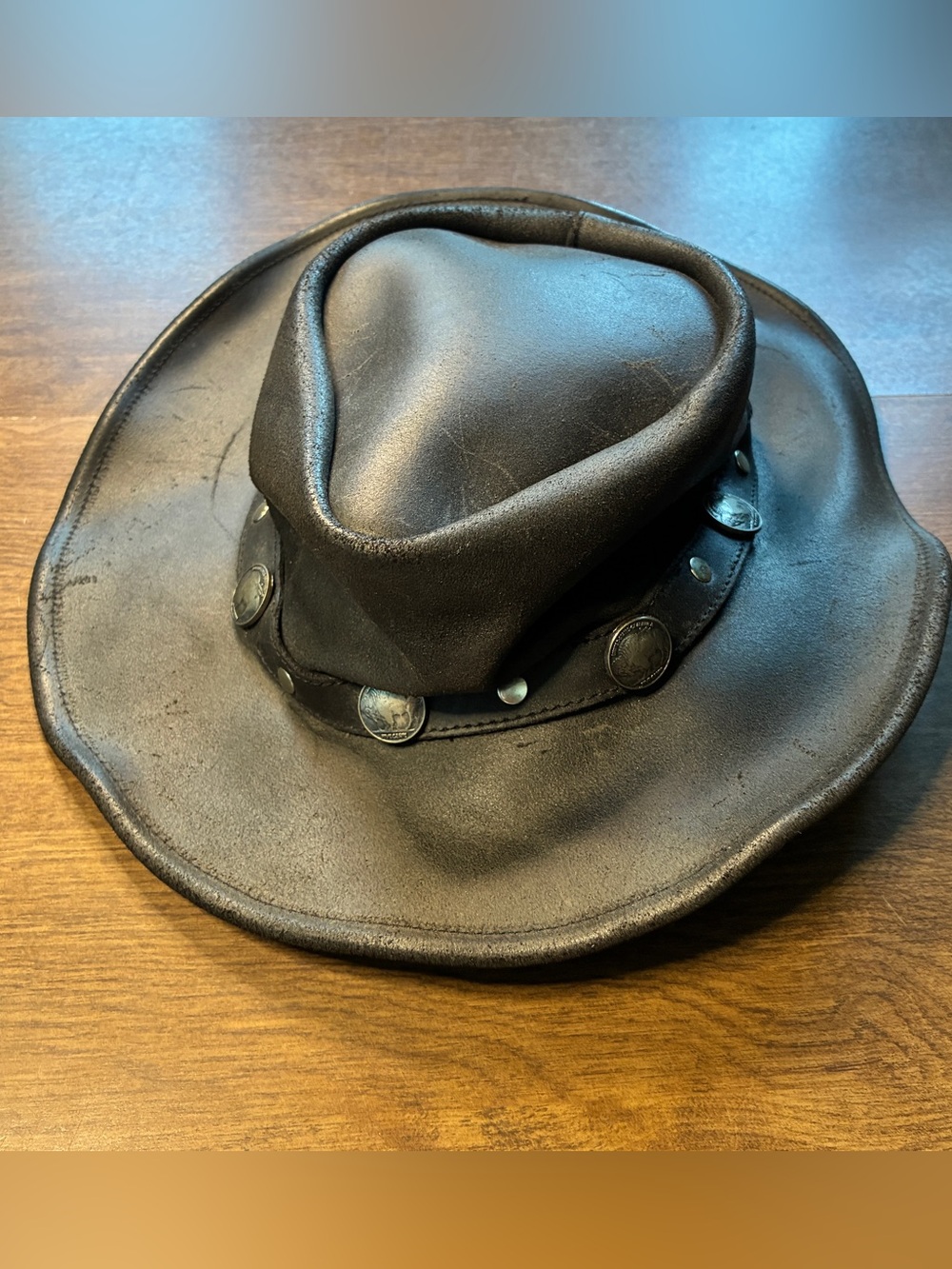 MINNETONKA The Outback Buffalo Nickel Black Leather Wide Brim Hat Mens Large